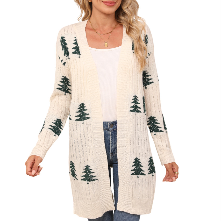 Womens Christmas Tree Pattern Long Cardigan Winter Open Front Knit Sweater